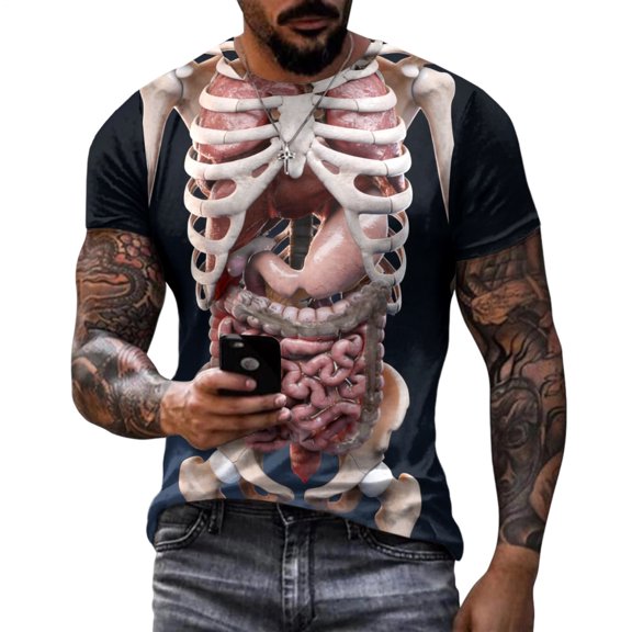 Hemousy Anatomy Tshirt for Men Skeleton Body Organs Men Trendy Summer Novelty Short Sleeve Crewneck Tee for Sports