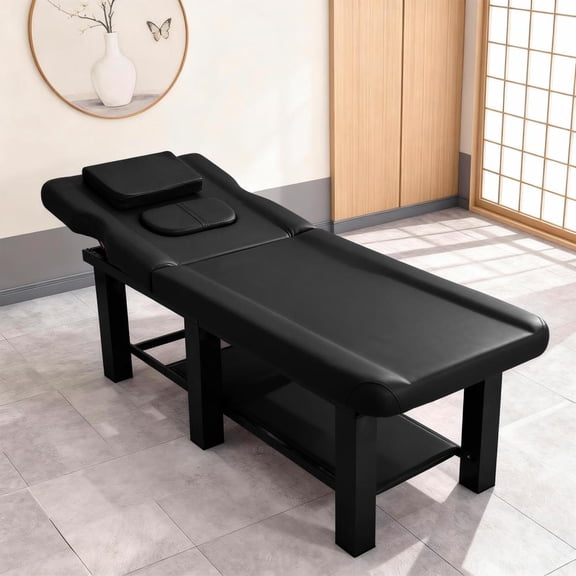Hemousy Black Professional Stationary Massage Table, 27.5'' W × 72.8'' L PU Leather Facial Bed with Metal Frame, Adjustable Backrest for Physical Therapy, Barber and Beauty Salons