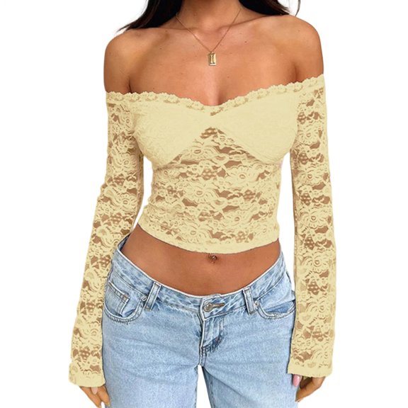 Hemousy Off the Shoulder Lace Top Floral Lace Sexy Sheer Going Out Tops Slim Fit Long Sleeve Blouses for Party Travel