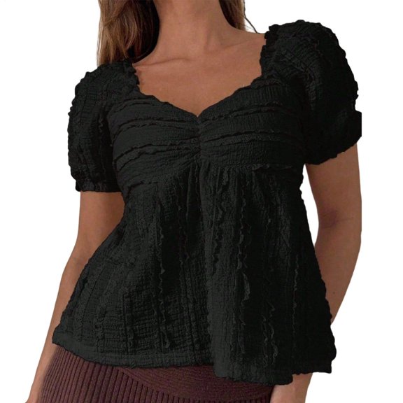 Hemousy Peplum Shirts for Women Puff Sleeve Sweetheart Neck Fashion Babydoll Blouse Dressy Casual Tops Everyday Wear