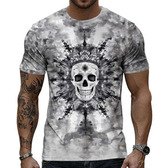 Hemousy Skull Shirts for Men Crewneck Gothic Skeleton T-Shirt Halloween Tops Short Sleeve for Streetwear Party
