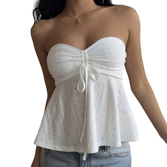 Hemousy Strapless Peplum Top Tie Front Ruched Summer Strapless Peplum Flared Cute Bandeau Tops for Date