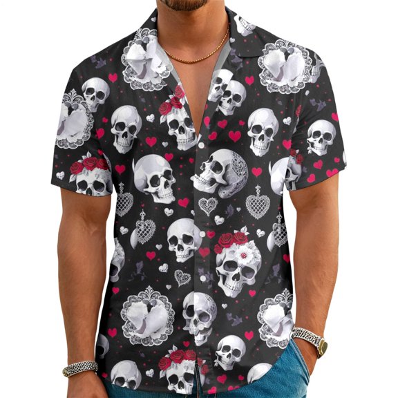 Hemousy Valentine Day Shirt for Men Skull Print Button Down Vacation Shirts Short Sleeve Summer Tops for Dating everyone