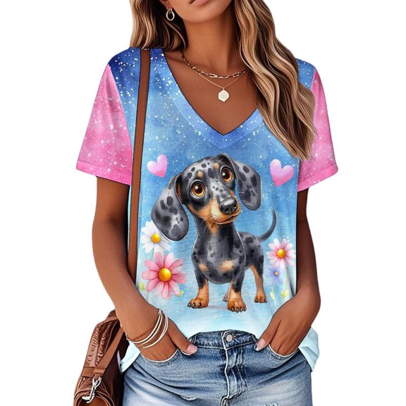 Hemousy Valentine T Shirts for Women V Neck Short Sleeve Animal Love Graphic Tee Shirt for Vacation Dating Party