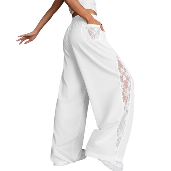 Hemousy Women's Wide Leg Cargo Pants Lace Trim High Rise Drawstring Waist Casual Summer Pants for Daily Wear