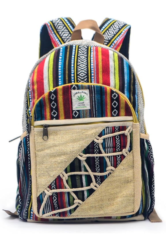 Hemp Backpack, 16x11 inches, Multi-Compartment Boho Daypack with Laptop Sleeve, Diagonal Rope-Design Front Pocket, Handmade Nepal Hemp Bag, Unisex Travel Backpack
