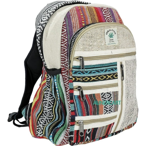 Hemp Backpack Traveling Bagpack, Cotton Canvas Stripe Nepali Himalayan Backpack, College Gift Casual Small Daypack Bag 13 x 11 x 5 Inches