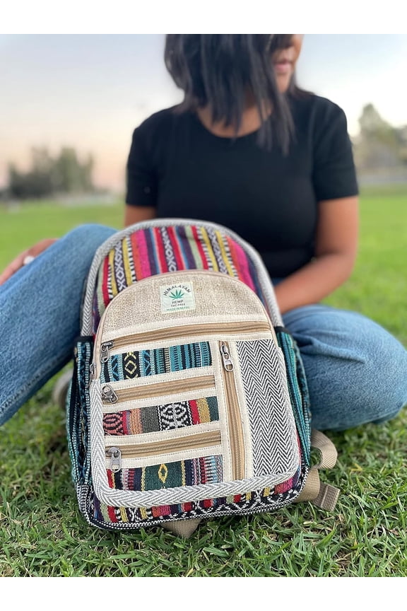 Hemp Backpack Traveling Bagpack, Cotton Canvas Stripe Nepali Himalayan Backpack, College Gift Casual Small Daypack Bag 13 x 11 x 5 Inches
