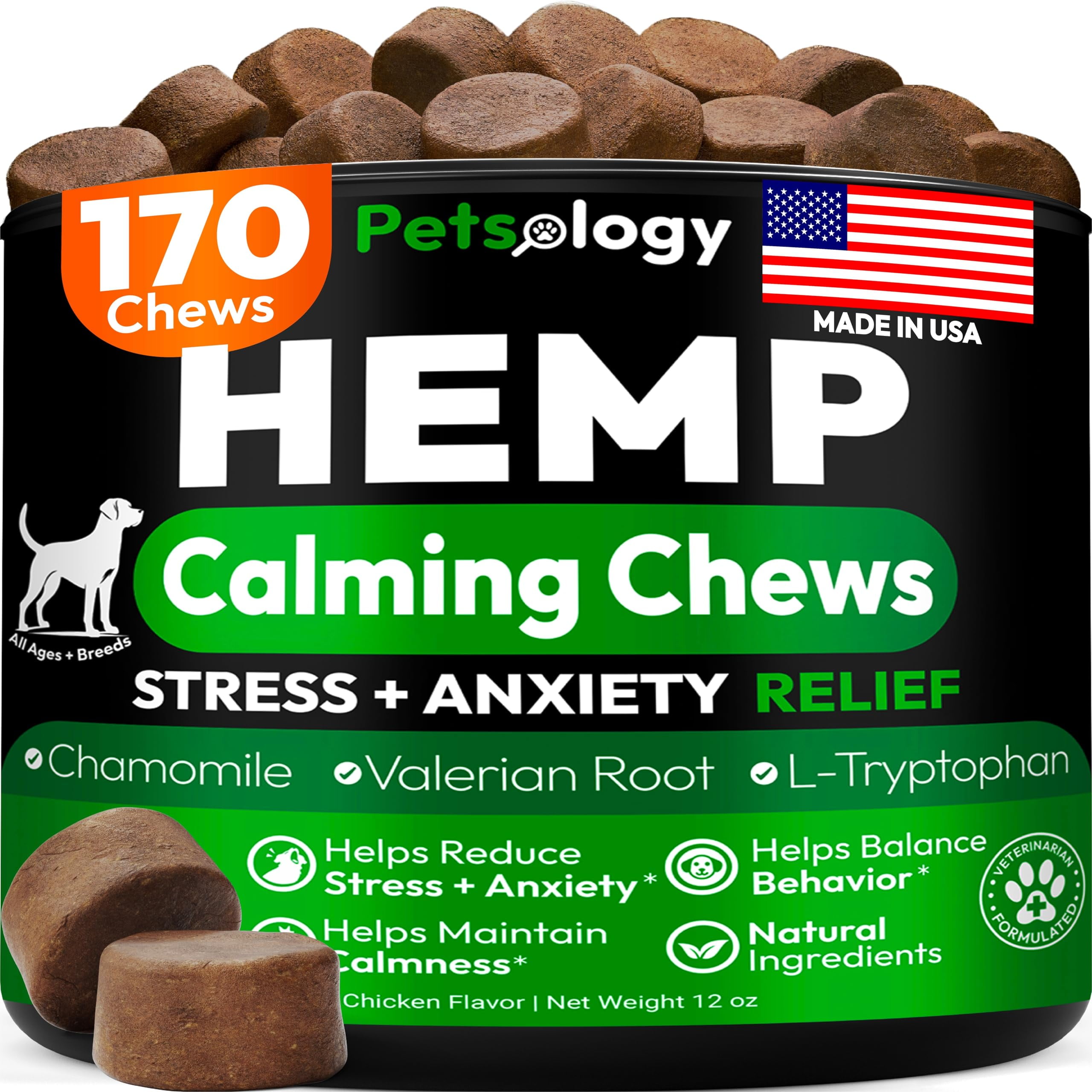 Hemp Calming Chews for Dogs - 170 Dog Calming Chews - Anxiety Relief Treats - Advanced Stress Relief, Separation Aid, Barking, Thunder, Fireworks, Melatonin - Pet Supplement - Made in USA