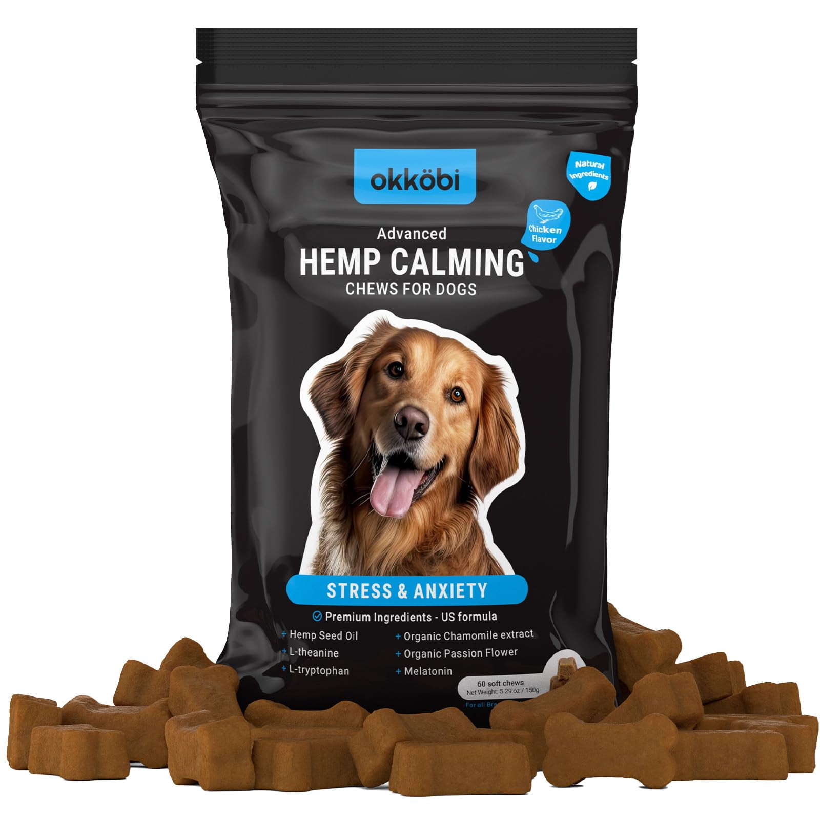 Hemp Calming Chews for Dogs Anxiety ITL160 pcs - Flavored - Dog Anxiety Relief - Dog Calming Chews - Melatonin for Dogs - for Stress, Travel, Check-up, Barking or Grooming - Dog Calming Treats