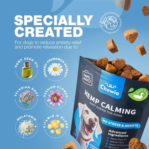 Hemp Calming Chews for Dogs  Anxiety & Stress Relief Treats with Melatonin, Valerian Root & Chamomile  Travel Pack for Vet Visits, Grooming, Fireworks & Thunderstorms