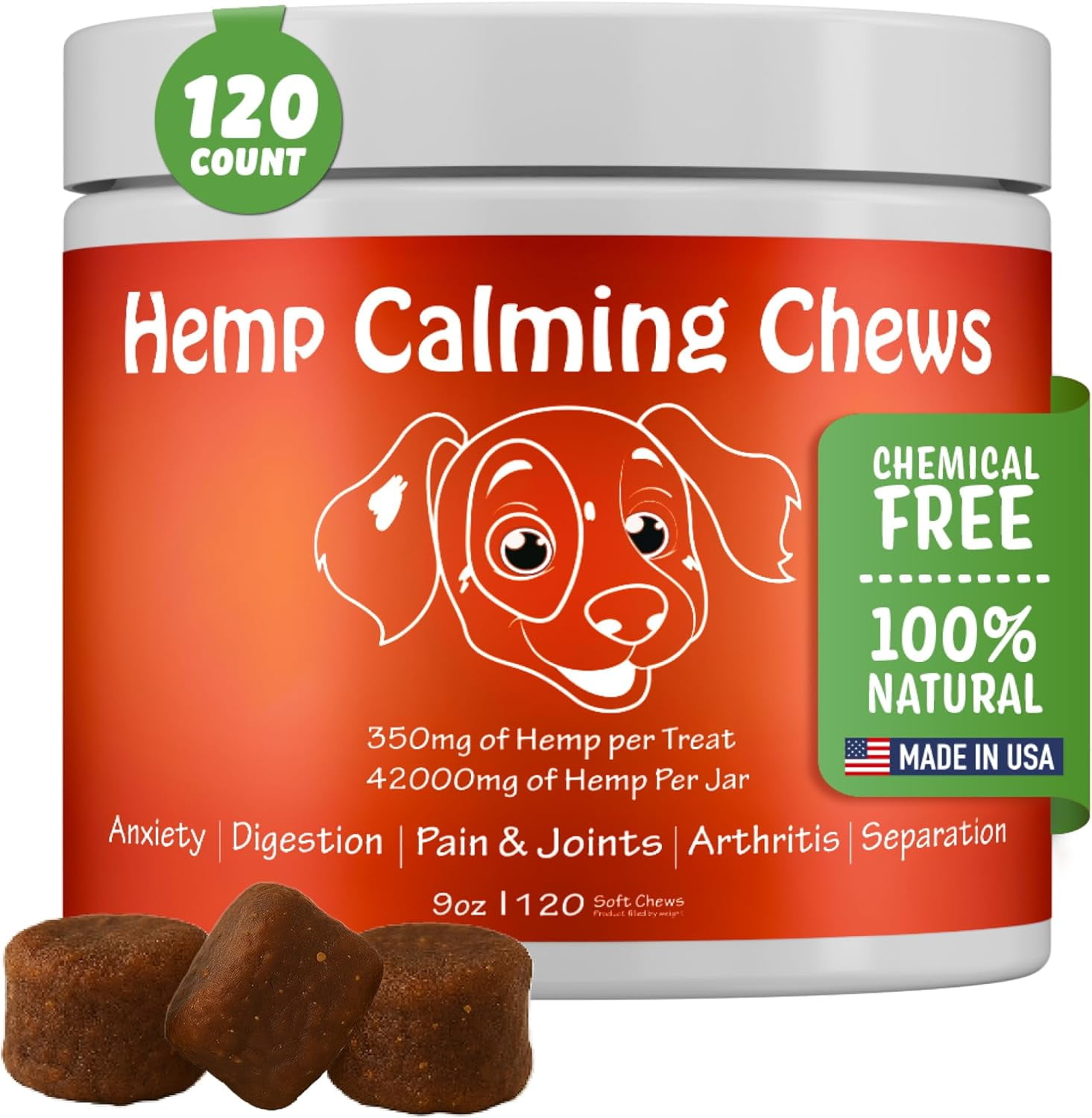 Hemp Calming Chews for Dogs Anxiety Relief - 120 Count - USA Made - 350 MG Per Calming Treat for Dogs