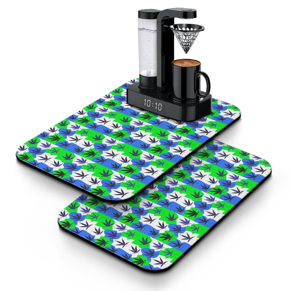 Hemp Leaf Coffee Maker Mat Set 2pcs Absorbent Countertop Protector with Rasta Design, Eco-Friendly Materials