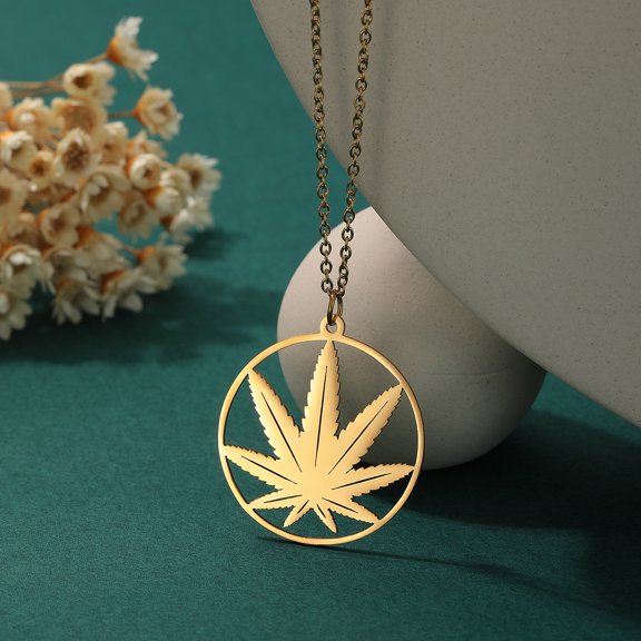 Hemp Leaf Necklace Weed Jewelry Marijuana Leaf Pendant Necklace Round Pot Leaf Pendant Boho Hippie Necklace
