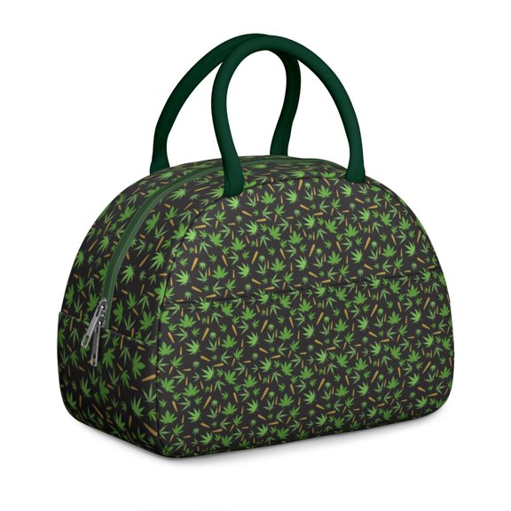 Hemp Leaf Pattern Lunch Bag – Reusable Insulated Tote for Women, Trippy Cannabis Leaf Aesthetic with Front Pocket