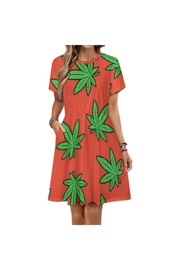 Hemp Leaves Dress Summer Street Style Dresses Female Short Sleeve Printed Sundress