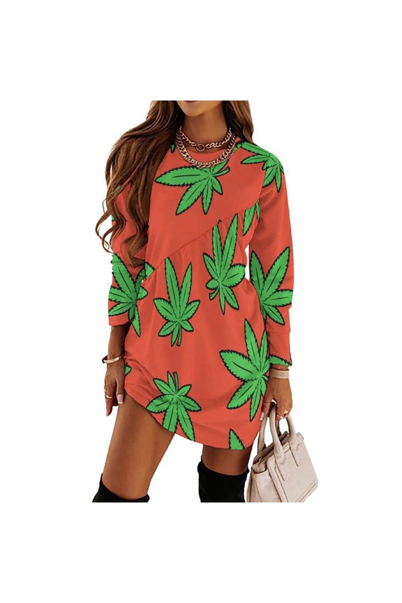 Hemp Leaves Loose Dress Evening Dress Summer Dresses for Women Luxury Dress Long Sleeved Dress