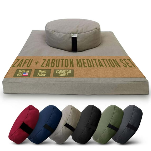 Hemp Meditation Cushion and Mat Set - Organic Buckwheat Filled Oval Zafu Meditation Pillow and Cotton Filled Zabuton Floor Pad - Made in USA, Natural
