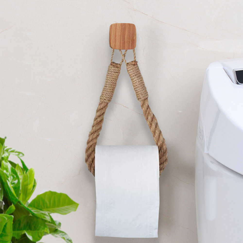 Hemp Rope Boho Paper Towel Holder Wall Mounted Toilet Tissue Holder for