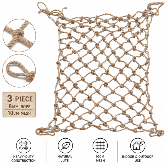 Hemp Rope Net (3ftx9ft) Heavy Duty Natural Jute Rope Net Climbing Safety Rope Netting Balcony Stairs Fence Garden Playground Protection Net Indoor & Outdoor Decor Rope Net