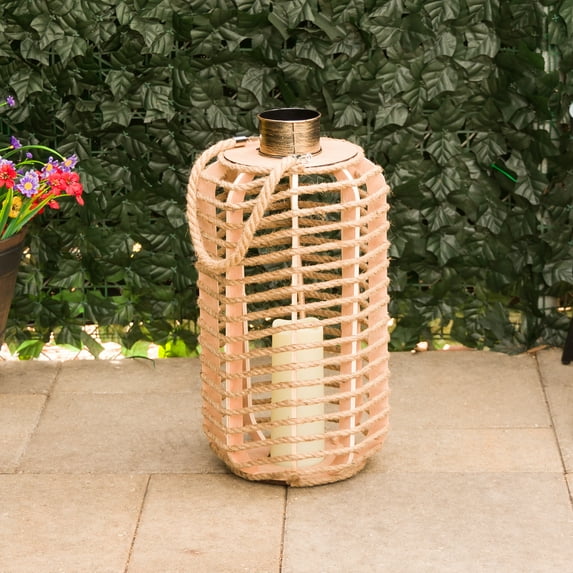 Hemp Rope Wooden Lantern Décor with Flickering LED's