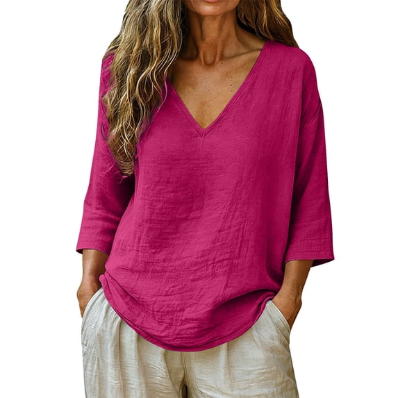 Hemp Shirt, Womens Linen Tops 3/4 Sleeve V-Neck Linen Cotton Tunic Blouse, Casual Peasant Shirts Lightweight Airy Beach Vacation Tees Loose Flowy Shirts for Outdoor Holiday Trips,Hot Pink