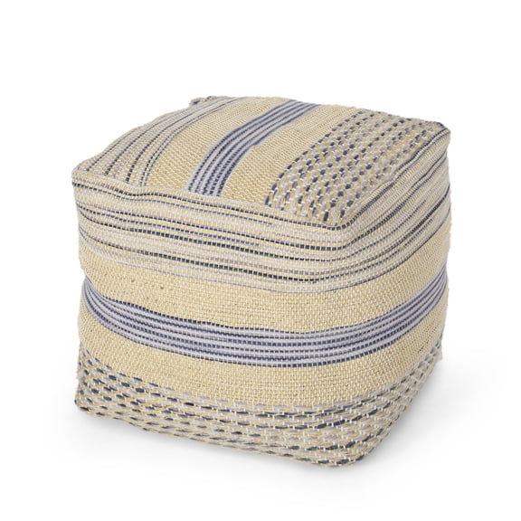 Hemp Wool Pouf, 16x16 Blue Natural - Handcrafted Floor Cushion, Ottoman, Modern Home Decor, Versatile Seating for Living Room, Bedroom, Boho Style