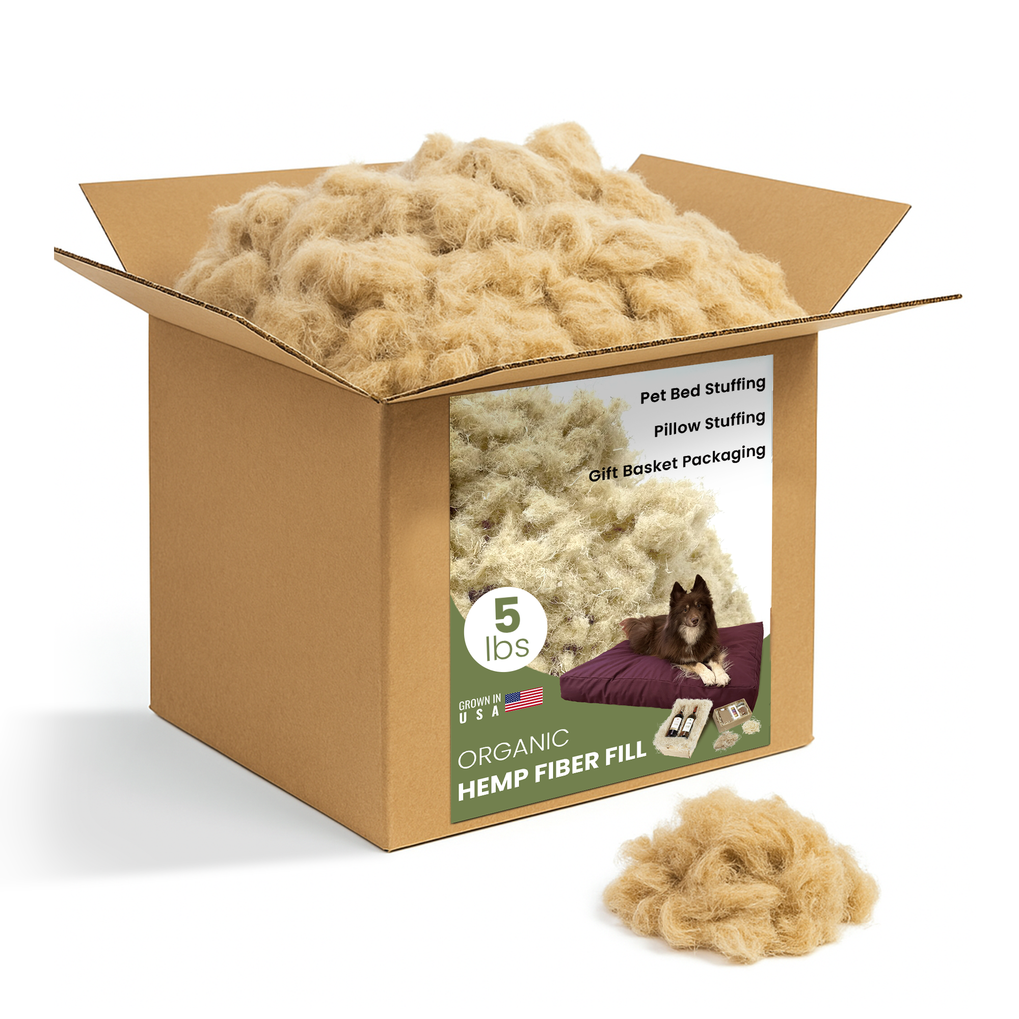 HempStuff Hemp Fiber Fill - 5 lbs, Clean Natural Fibre Filling Cushion Pet Bed Stuffing or Nesting Fiber, Midwest Grown and processed Organic. Bean Products, Made in USA, 5 pounds