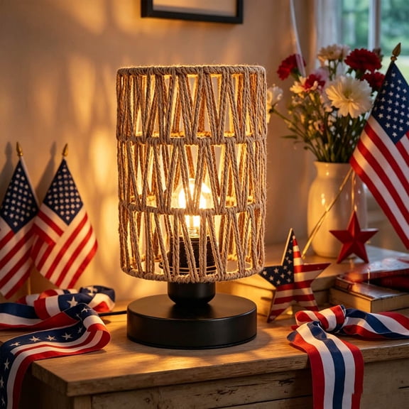 Hemps Rope Hand Woven Table Lamp Straight Plug Warm Light Desk Bedroom Living Room Office Study Night Light Rustic Bohemian Decorative Accent Decor