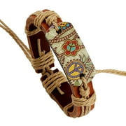GAHRCHIAN Hemps Rope Woven Cow Leather Bracelet Vintage Style Ironing Peace Sign Leather Bracelet