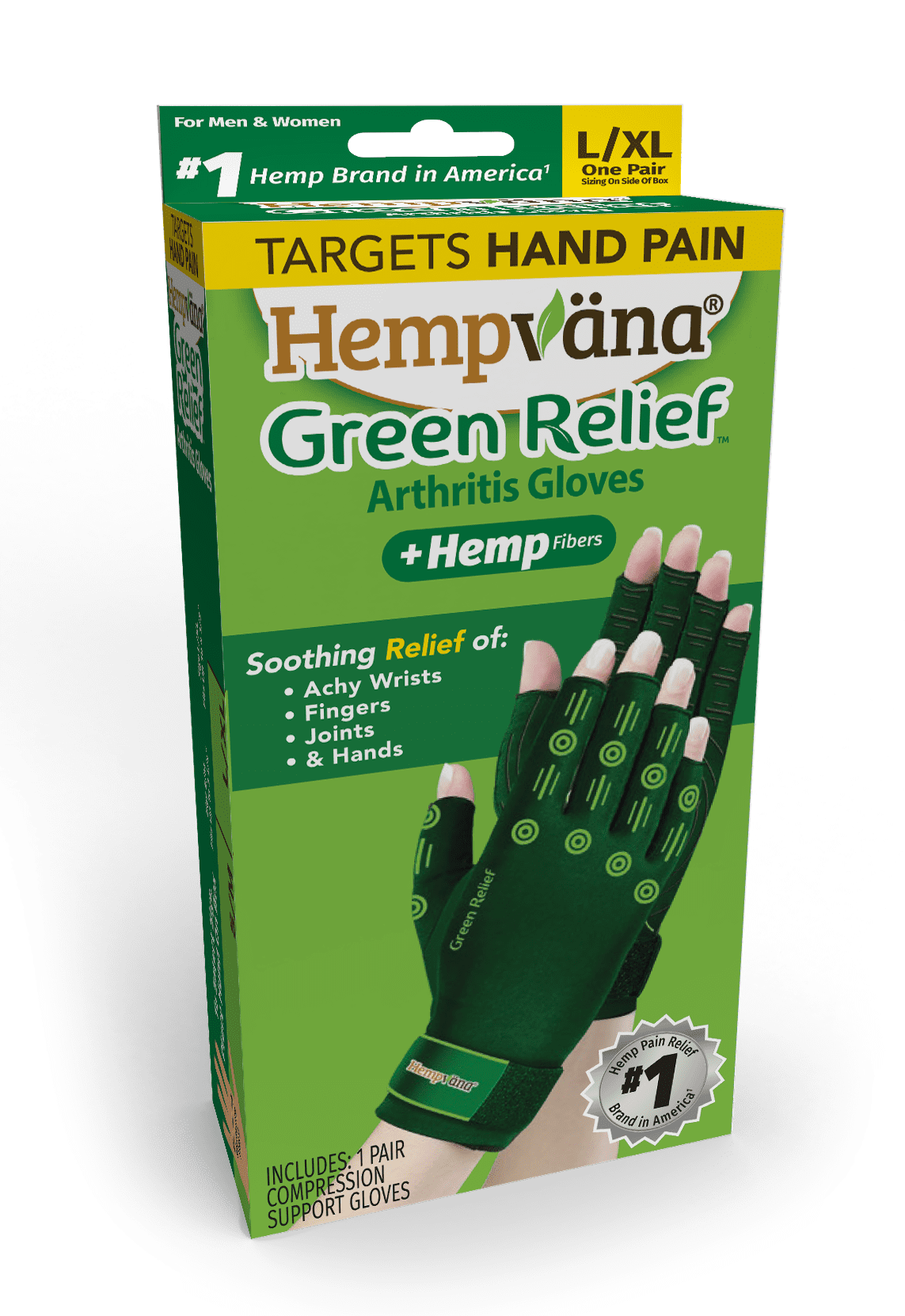 Hempvana Green Relief Gloves, as Seen on TV, Green, Compression Gloves, L/XL, Men and Women