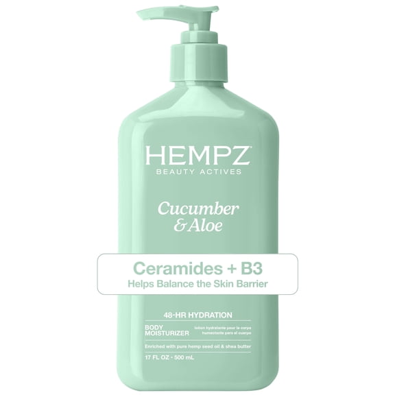 Hempz Beauty Actives Cucumber & Aloe Moisturizing Body Lotion with Firming & Smoothing Ceramides   B3 for Dry Skin, 17 fl oz
