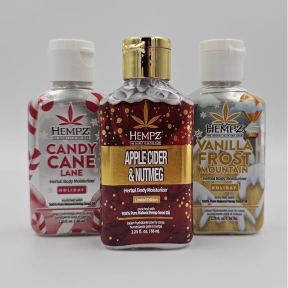 Hempz Holiday Limited Edition Mini Scents Body Lotions - 3 pack Candy Cane Lane, Vanilla Frost, & Apple Cider Nutmeg