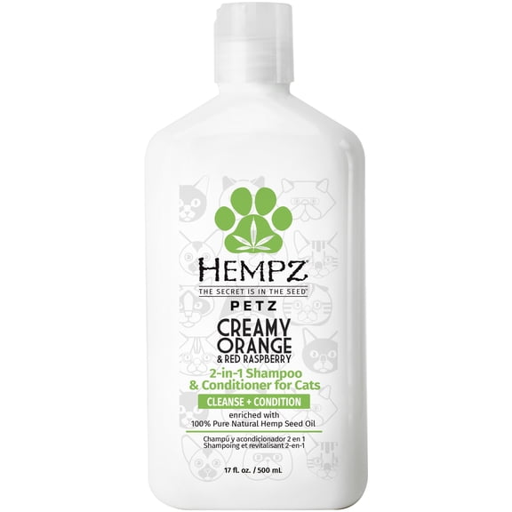 Hempz Petz Creamy Citrus Orange & Red Raspberry 2-in-1 Shampoo & Conditioner for Cats to Cleanse & Condition, 17 fl oz