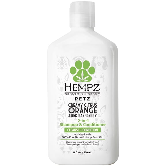 Hempz Petz 2-in-1 Shampoo & Conditioner for Dogs, Creamy Citrus Orange & Red Raspberry Scent, 17 fl oz Bottle