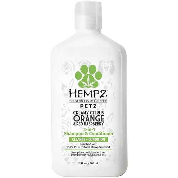 Hempz Petz 2-in-1 Shampoo & Conditioner for Dogs, Creamy Citrus Orange & Red Raspberry Scent, 17 fl oz Bottle