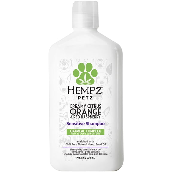 Hempz Petz Sensitive with Oatmeal Complex to Help Calm & Comfort Skin Shampoo for Dogs, Creamy Citrus Orange & Red Raspberry Scent, 17 fl oz