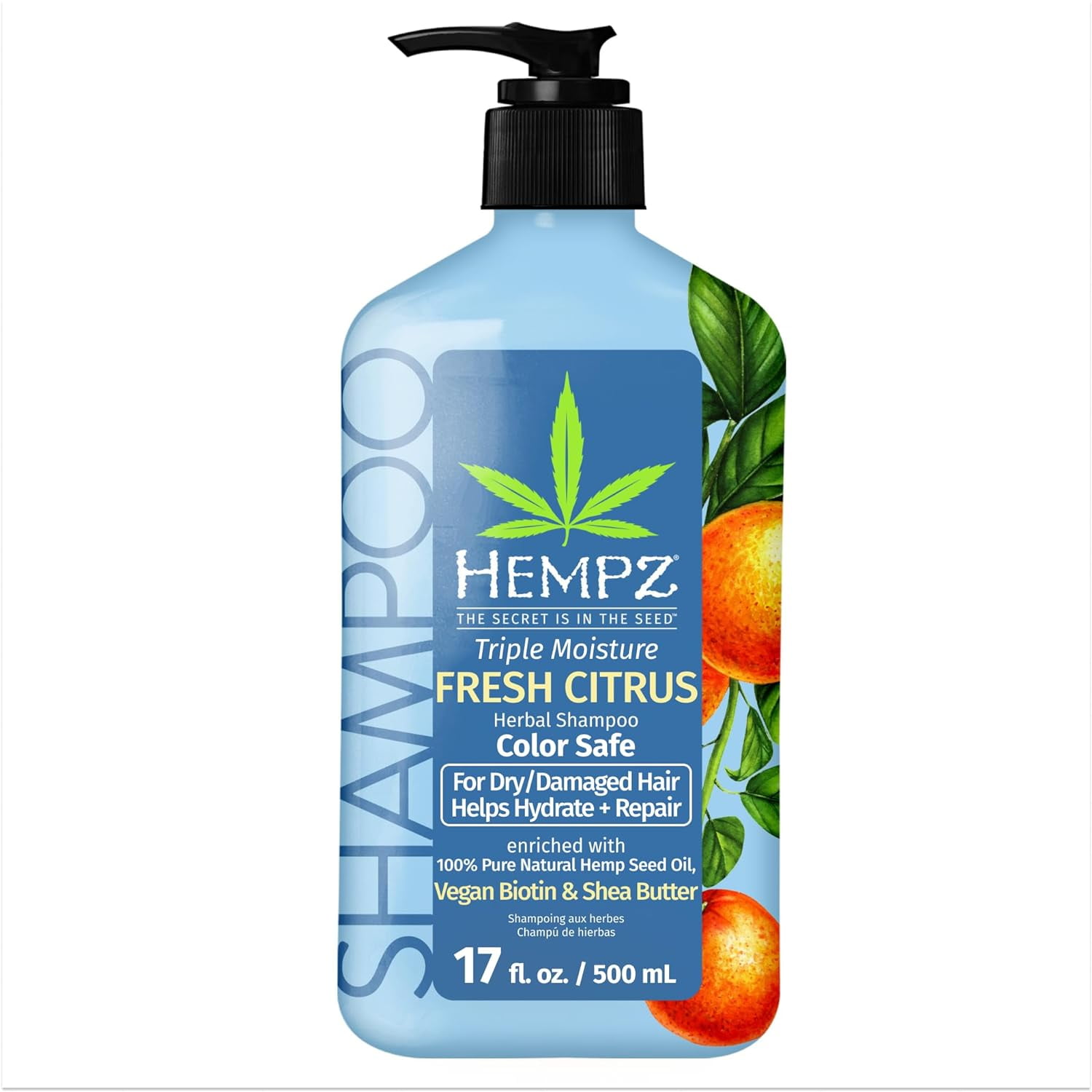 Hempz Triple Moisture Fresh Citrus Herbal Shampoo with Vegan Biotin & Shea Butter for Dry/Damaged Hair-17fl.oz