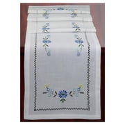 Hemstitch Embroidered Flower Table Runner 15x70 Dresser Scarf White Blue Rectangular
