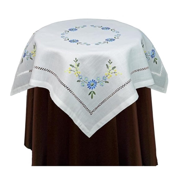 Hemstitch Embroidered Flower Tablecloth 34" Square Table Topper White Blue Spring Summer Table Linen