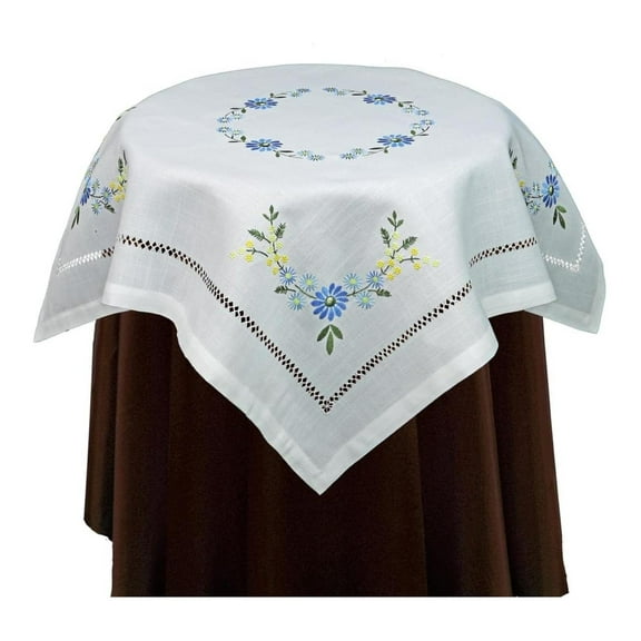 Hemstitch Embroidered Flower Tablecloth 34" Square Table Topper White Blue Spring Summer Table Linen