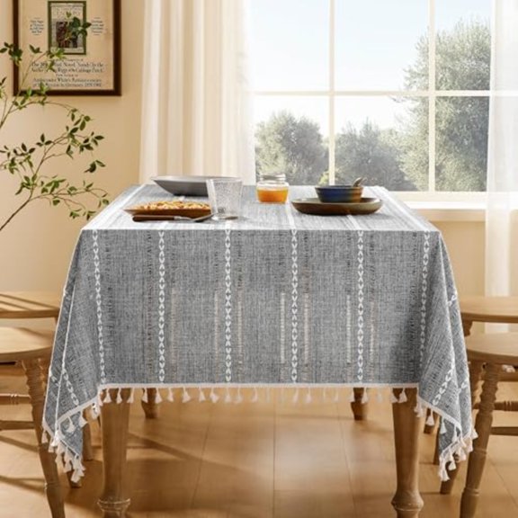 Hemstitched Embroidery Striped Boho Tablecloth 60x84 Inch Charcoal Heavy Weight Farmhouse Burlap Linen Grey Tablecloth Wrinkle Resistant Washable Table Cloth for Rectangle Table