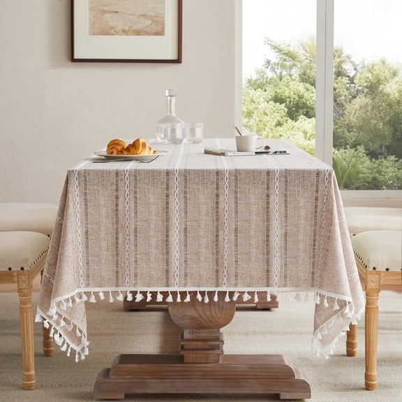 Hemstitched Striped Boho Tablecloth 54x70 Inch (Fit 3ft-4ft, Narrow Fit for 5ft Rectangle Table) Heavy Weight Farmhouse Burlap Linen Neutral Wrinkle Resistant Tablecloth, Natural
