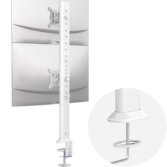 Hemudu Dual Monitor Articulating Desk Mount Arm Stand - Vertical Stack Screen Supports Two 13 to 34 Inch Computer Monitors with C Clamp White