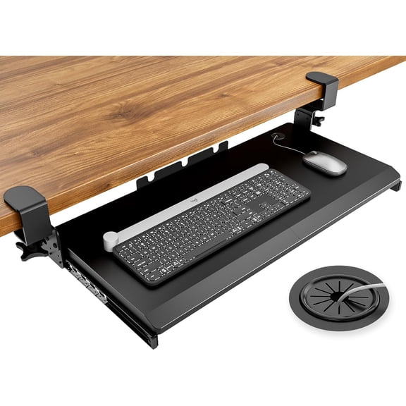 Hemudu Keyboard Tray Under Desk Pull Out with Extra Sturdy C Clamp Mount System, 27.3 (32.5 inch Including Clamps) x 11 Inch Slide-Out Platform Computer Drawer for Typing Black