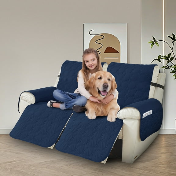Hemvt 100% Waterproof Recliner Couch Covers 2 Seater, 1-Piece Washable Reclining Sofa Cover, Non-Slip Recliner Chair Cover with Pocket, Elastic Straps for Dogs, Pets, Dark Blue