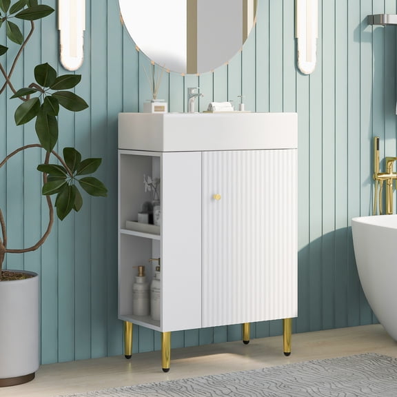 Hemvt 21.6 Inch Bathroom Vanity with Sink, Freestanding Combo Cabinet, Left Side Storage Tower, Modern Ceramic Top & MDF Base for Small Bathrooms