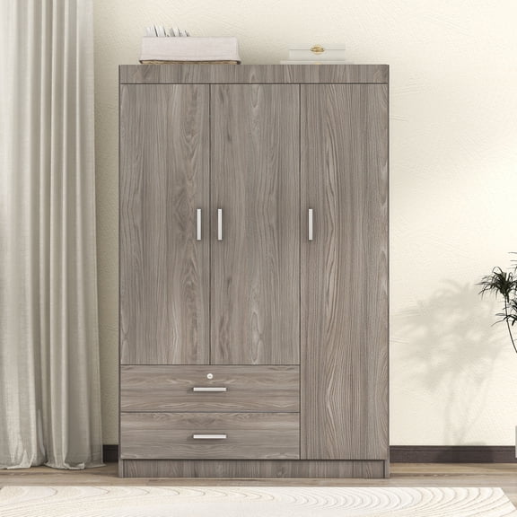 Hemvt 3-Door Bedroom Wardrobe with Locking Drawer and 2 Storage Drawers, MDF Armoire Closet, Hanging Rail and Shelves, Contemporary Free-Standing Design for Small Bedrooms, Gray