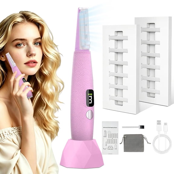 Hemvt 3 Speeds Sonic Dermaplane Razor for Women Face Hair & Peach Fuzz Remover, Rechargeable Dermaplaning Tool with 12 Replacement Blades for Peach Fuzz Removal and Facial Exfoliation, Pink