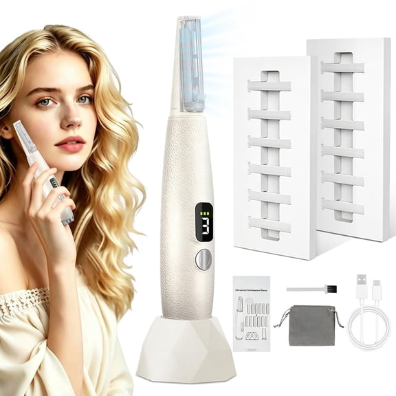 Hemvt 3 Speeds Sonic Dermaplane Razor for Women Face Hair & Peach Fuzz Remover, Rechargeable Dermaplaning Tool with 12 Replacement Blades for Peach Fuzz Removal and Facial Exfoliation, White